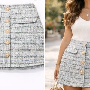 Chic Tweed Button-Up Skirt - Blue